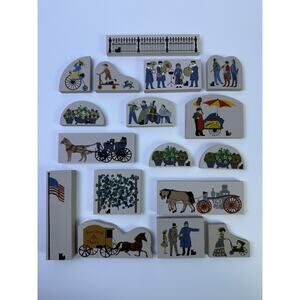 Cat’s Meow Set Of 17 Wooden Village Accessories People Flowers Horse Carriage